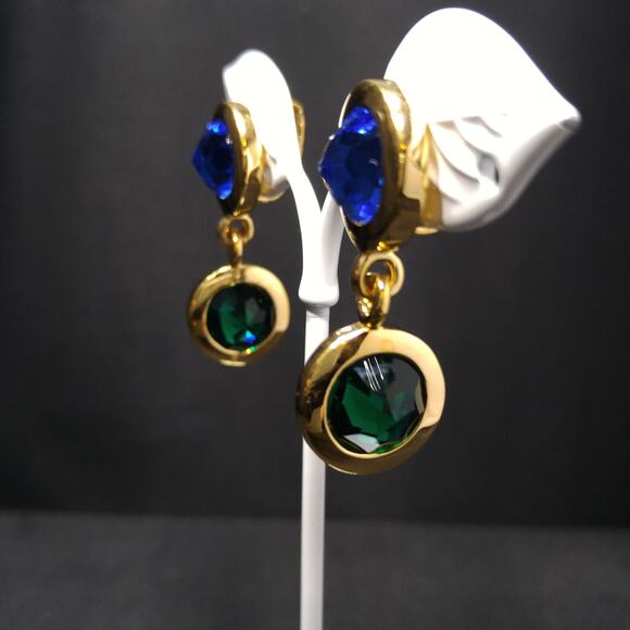 Swarovski Gold Plated Drop Earrings, Blue Green Purple Crystals, 1990s Swan Logo - Picture 5 of 10